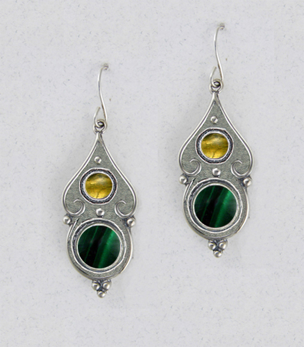 Sterling Silver Gothic Look With Malachite And Citrine Gemstone Drop Dangle Earrings
